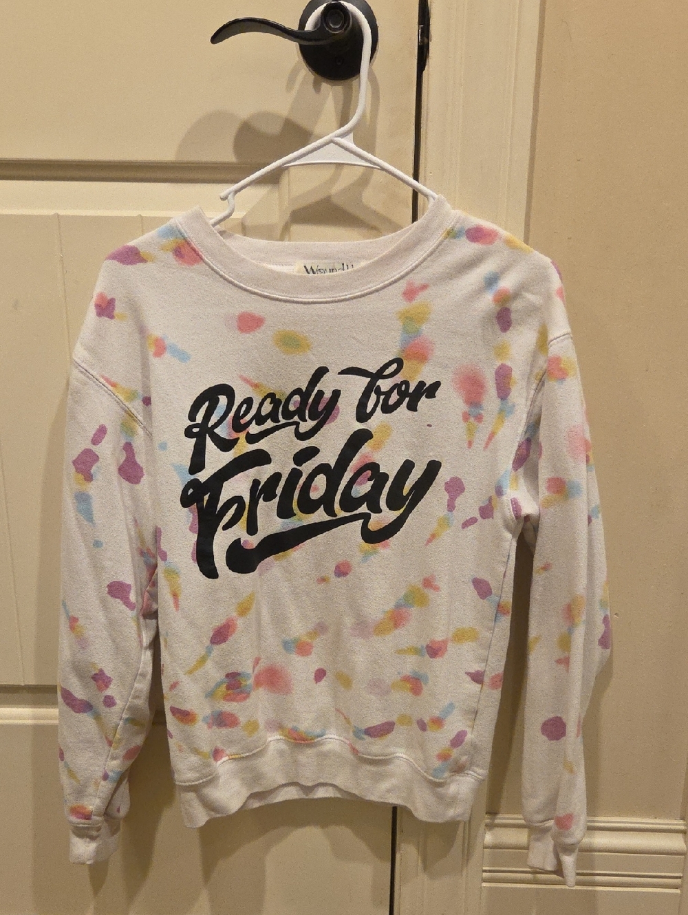 Wound Up White Sweater with Multicolor Splash "Ready for Friday"